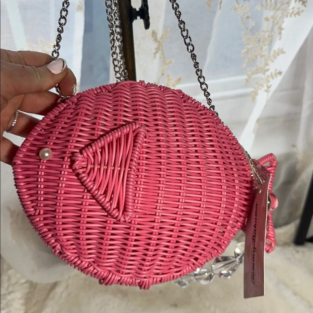 Tommy Bahamas pink wicker crossbody bag with clear beaded handle - Picture 3 of 5